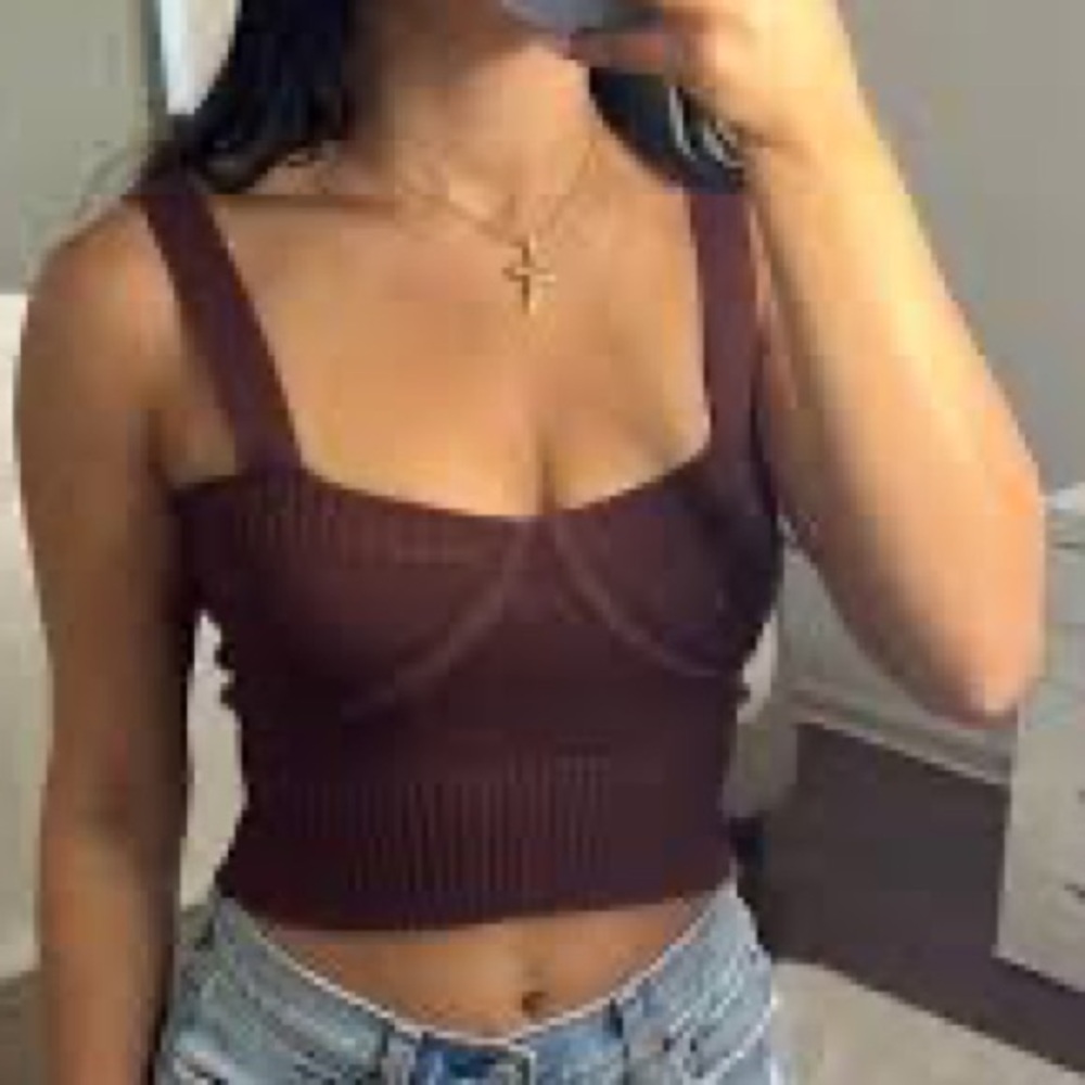 Zara Brown Ribbed Crop Top - Picture 4 of 9